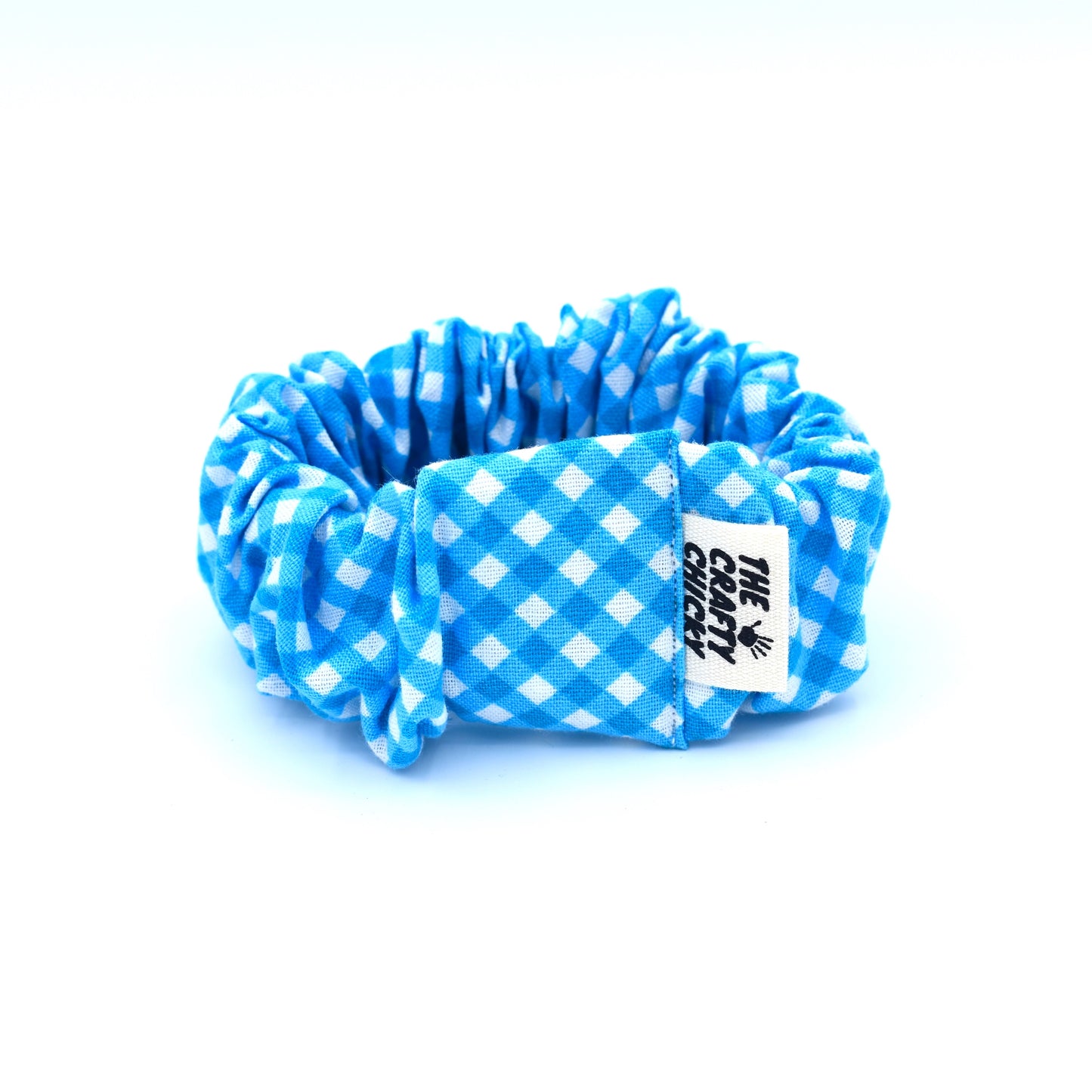 Light Blue Checkered Scrunchie with The Crafty Chicky tag