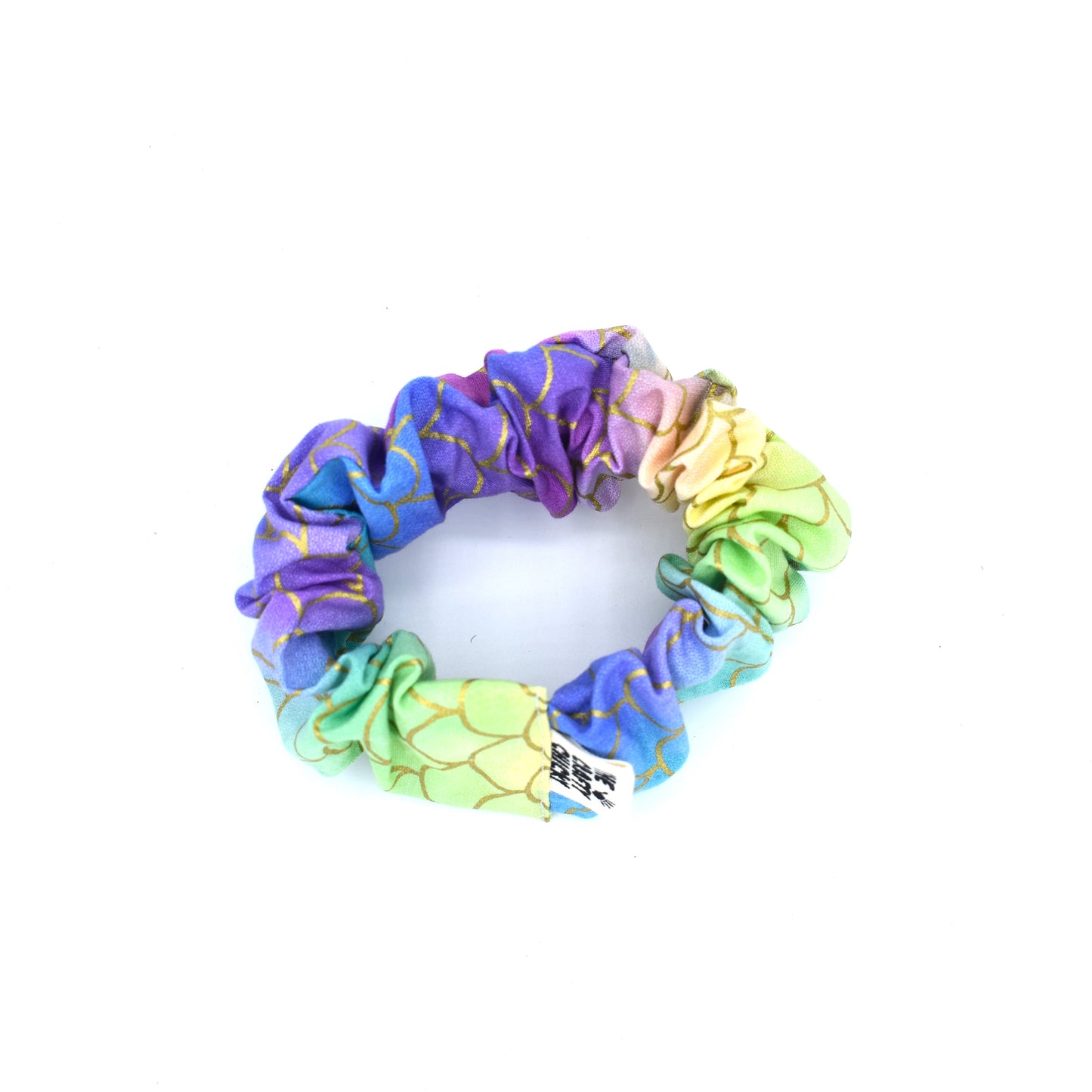 Rainbow & Gold Mermaid Scrunchie with The Crafty Chicky tag