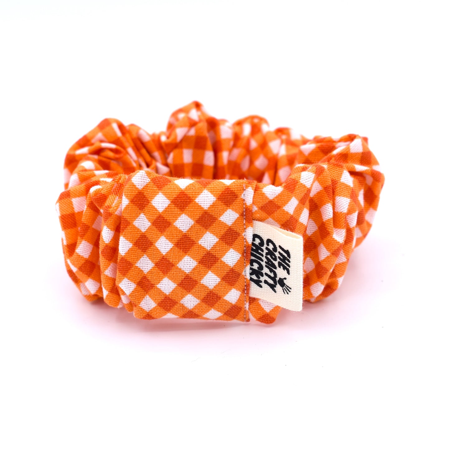 Orange Checked Scrunchie with The Crafty Chicky tag