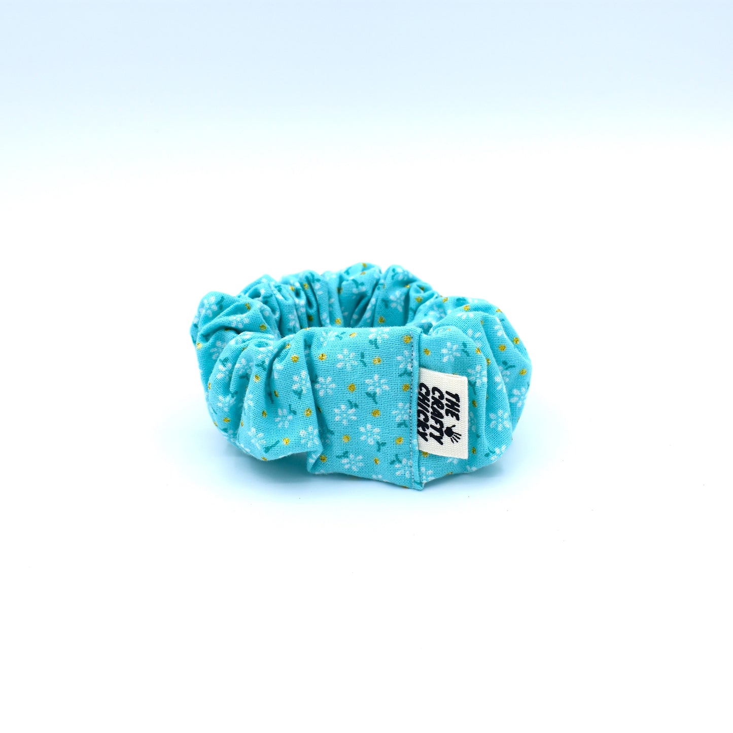 Light Blue Glitter Flower Scrunchie with The Crafty Chicky tag