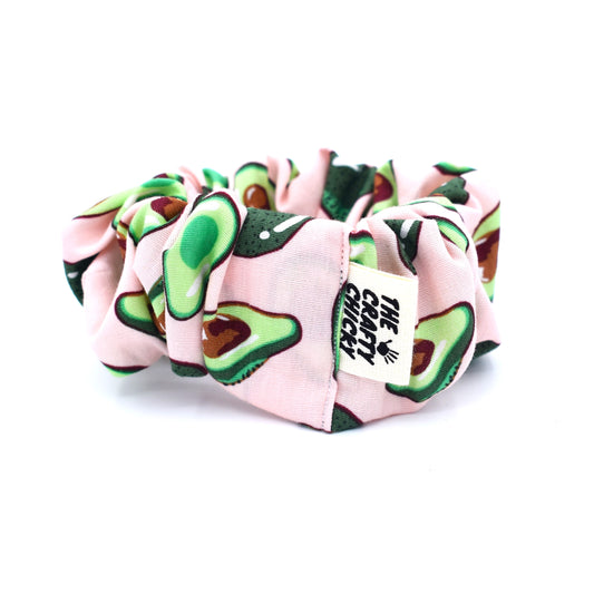 Pink avocado patterned scrunchie with The Crafty Chicky tag
