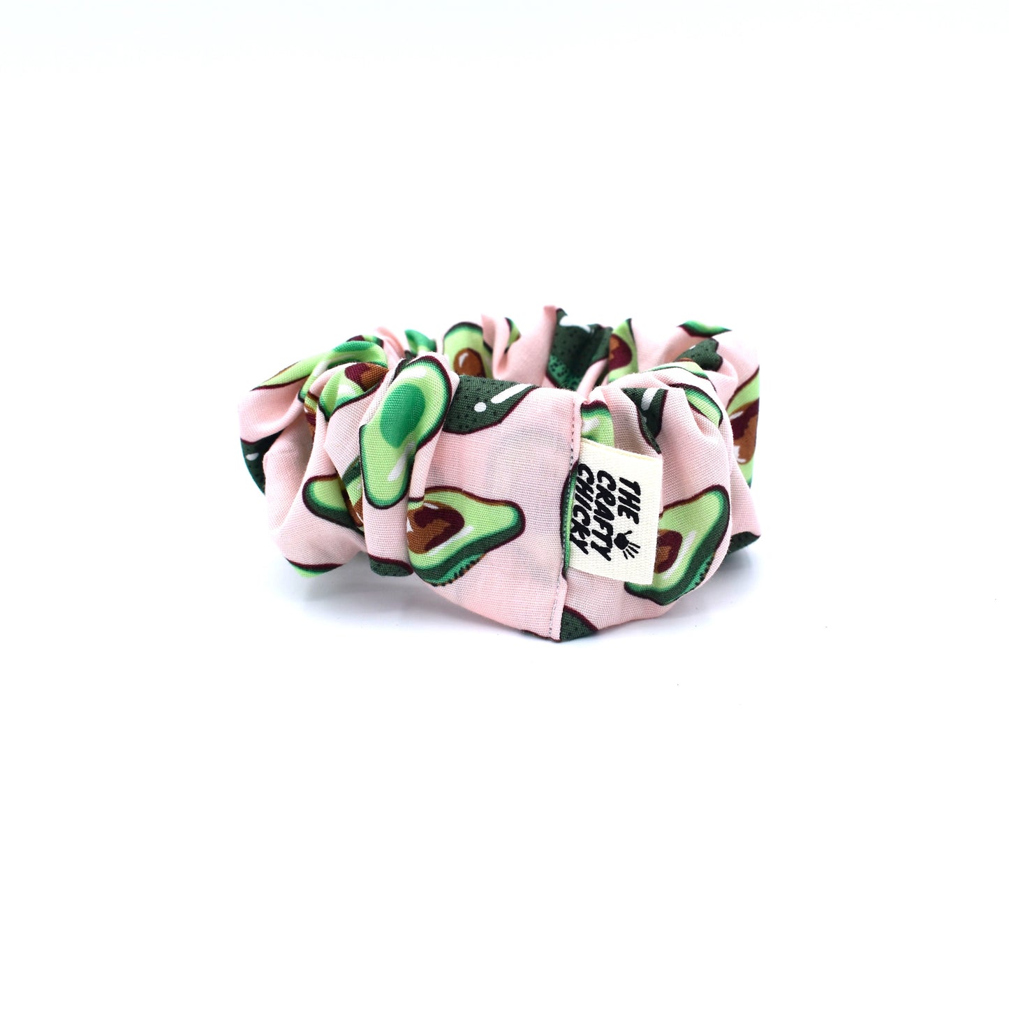 Pink avocado patterned scrunchie with The Crafty Chicky tag