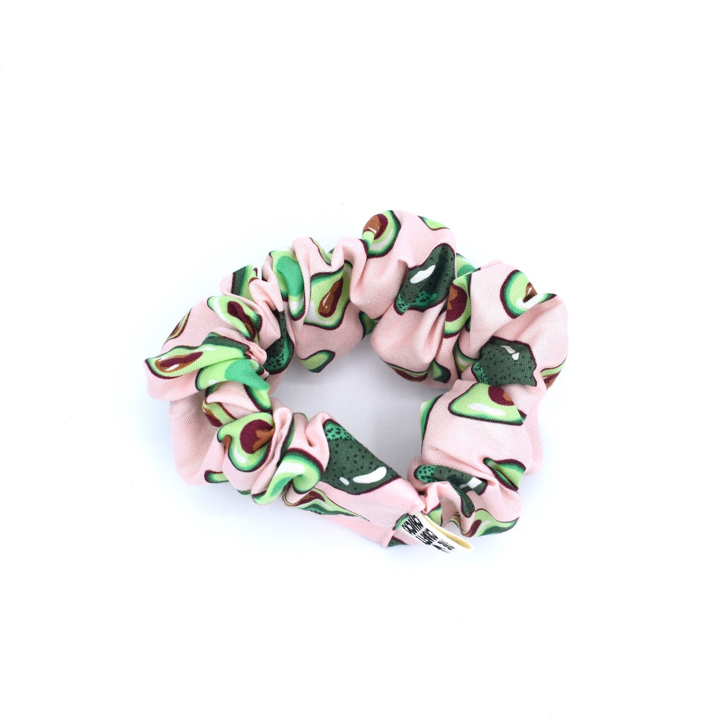 Pink avocado patterned scrunchie with The Crafty Chicky tag