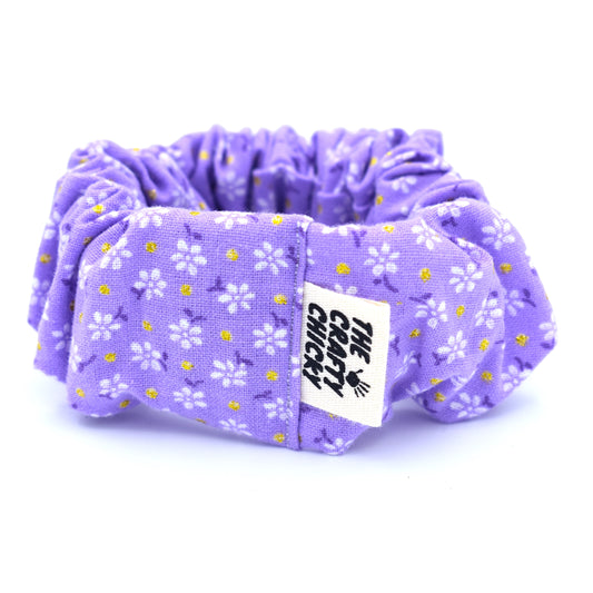 Purple Glitter Flower Scrunchie with The Crafty Chicky tag