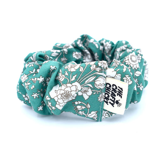 Green & White Floral Scrunchie with The Crafty Chicky tag