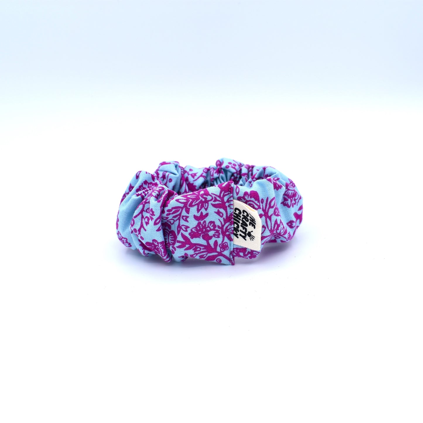 Purple & Blue Pattern Scrunchie with The Crafty Chicky tag