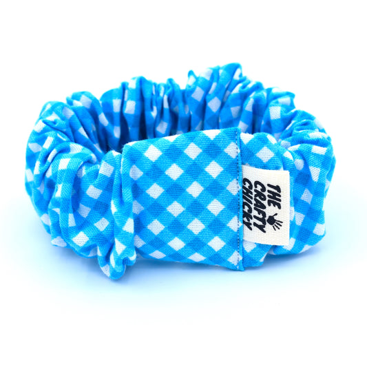 Light Blue Checkered Scrunchie with The Crafty Chicky tag