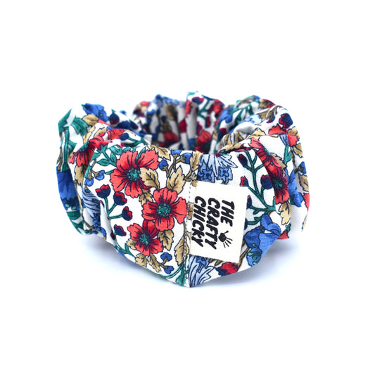 Red & Blue Flower Scrunchie with The Crafty Chicky tag